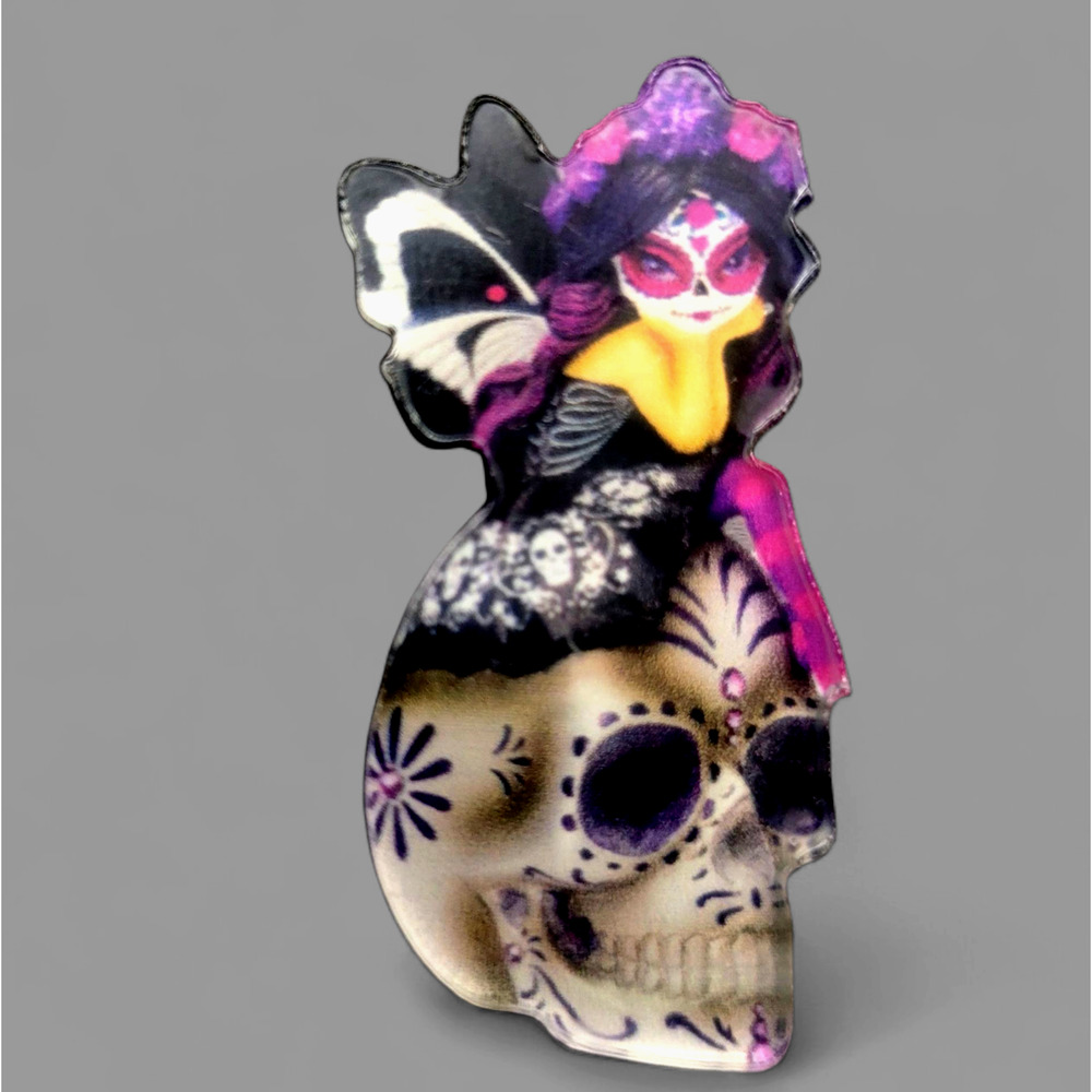 Day of the Dead Fairy Sugar Skull Brooch Pin Purple Black Dia de los Muertos New